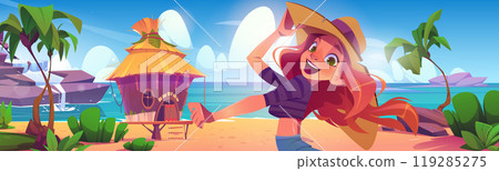 Happy girl smiling on summer beach with bungalow 119285275
