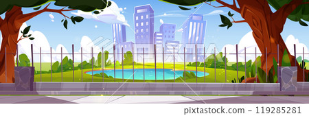City park with lake and green trees behind fence City park with lake and green trees behind fence 119285281