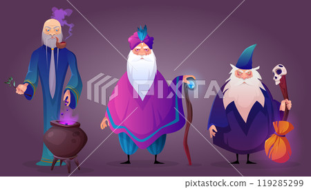 Old wizard cartoon character with magic stuff. 119285299