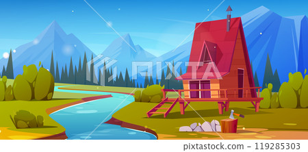 Stilt hut near mountain stream nature game vector. Stilt hut near mountain stream nature game vector. 119285303