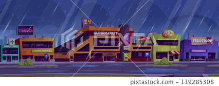 Rainy parking with autos outside supermarket 119285308