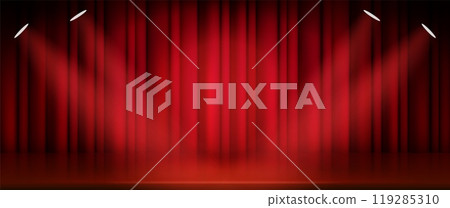 Theater stage with closed red curtain and soffit Theater stage with closed red curtain and soffit 119285310
