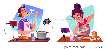 Male and female food bloggers cooking on camera Male and female food bloggers cooking on camera 119285319