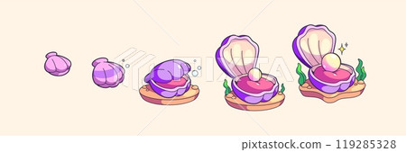Sea shell with pearl grow and open steps progress Sea shell with pearl grow and open steps progress 119285328