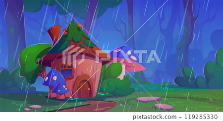 Magic wonderland with fairy wood house under rain. 119285330
