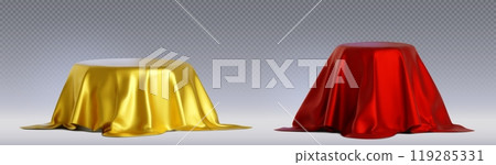 3D round podiums covered with gold red silk cloth 3D round podiums covered with gold red silk cloth 119285331