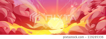 Sunset or sunrise sky with anime fluffy clouds. Sunset or sunrise sky with anime fluffy clouds. 119285336