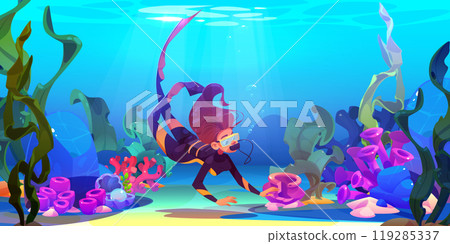 Scuba diver swims in sea and explores sandy bottom Scuba diver swims in sea and explores sandy bottom 119285337