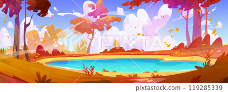 Autumn forest lake with yellow foliage on trees 119285339