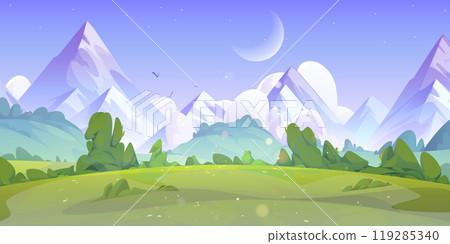 Meadow with green grass near mountain foot 119285340
