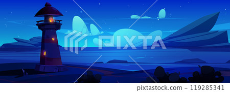 Cartoon night sea landscape with lighthouse 119285341