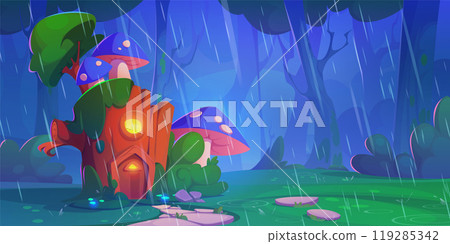 Magic wonderland with fairy wood house under rain. 119285342