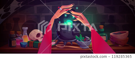 Witch hands conjuring over cauldron with potion Witch hands conjuring over cauldron with potion 119285365
