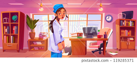 Tired doctor or nurse standing in office Tired doctor or nurse standing in office 119285371