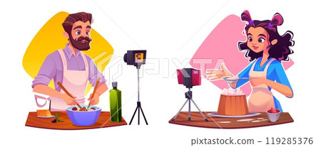 Cartoon food video blog vector illustration. 119285376