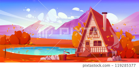 Wooden cottage near autumn mountain lake 119285377
