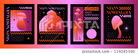 Y2k retro style poster template with mushrooms Y2k retro style poster template with mushrooms 119285380