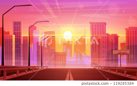 Road leads to city with high buildings at sunset 119285384