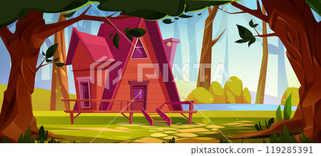 Wooden house in forest on shore of lake. 119285391