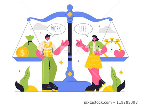 Work Life Balance Vector Illustration of a Person Balancing Job, Family and Leisure Activities in a Multitasking Flat Style Cartoon Background Work Life Balance Vector Illustration of a Person Balancing Job, Family and Leisure Activities in a Multitasking Flat Style Cartoon Background 119285398