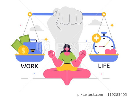 Work Life Balance Vector Illustration of a Person Balancing Job, Family and Leisure Activities in a Multitasking Flat Style Cartoon Background Work Life Balance Vector Illustration of a Person Balancing Job, Family and Leisure Activities in a Multitasking Flat Style Cartoon Background 119285403