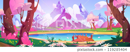 Pink blossom around lake with mountain view Pink blossom around lake with mountain view 119285404