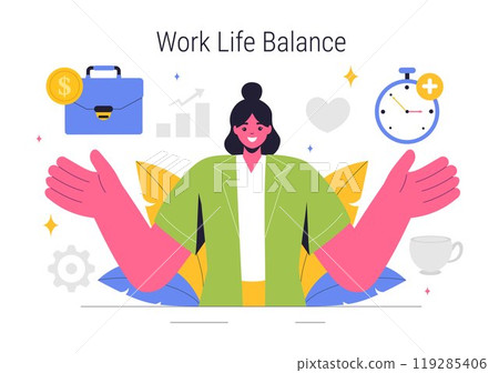 Work Life Balance Vector Illustration of a Person Balancing Job, Family and Leisure Activities in a Multitasking Flat Style Cartoon Background Work Life Balance Vector Illustration of a Person Balancing Job, Family and Leisure Activities in a Multitasking Flat Style Cartoon Background 119285406