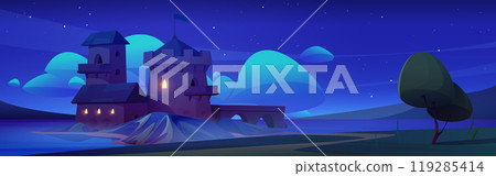 Royal medieval castle on island at night. 119285414