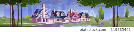 Suburban landscape with countryside house in rain. 119285461