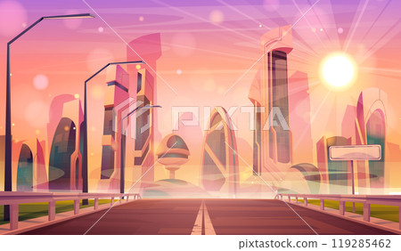 Highway to futuristic city, high-tech skyscrapers 119285462
