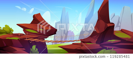 Rocky cliff with hanging bridge 119285481