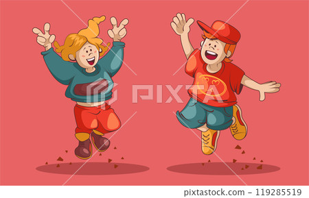 Happy girl and boy jump cartoon kid character 119285519