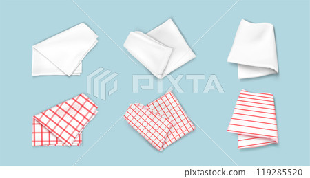 Folded white, checkered, striped kitchen towels 119285520