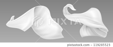Ribbon of white silk fabric fly and wave in air. 119285523