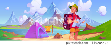Male tourist with hiking backpack and map in hands 119285528