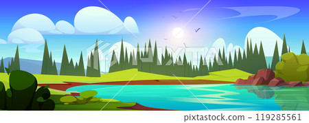 Summer valley with lake and fir tree forest 119285561