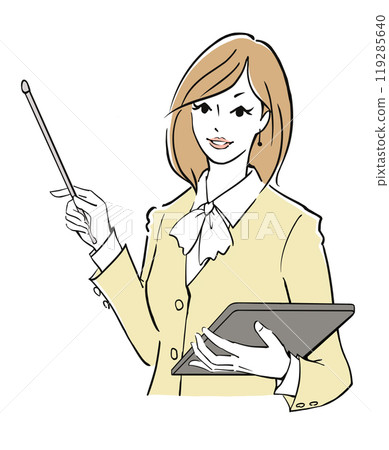 拿著文件並用指令棒解釋的女商人 119285640