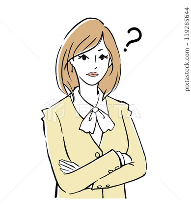 A woman in a suit thinking with her arms folded 119285644