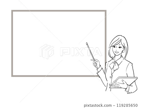拿著文件並用指令棒在白板上解釋的女商人 119285650