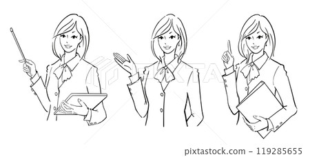 一群女商人拿著文件並用教鞭指著進行解釋和指導。 119285655