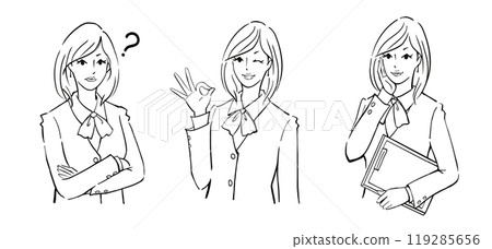 A set of women in suits thinking with their arms folded, making an OK sign, and holding binders A set of women in suits thinking with their arms folded, making an OK sign, and holding binders 119285656