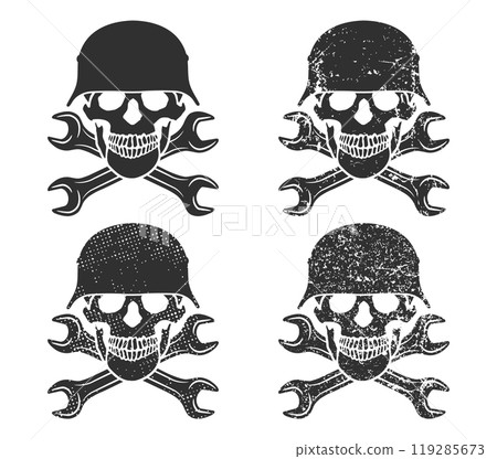 Skull with crossed wrenches and ww2 german helmet. Construction builder plumbing wrench or body shop repair car and truck mechanic service tool crossed. Vector illustration image. 119285673