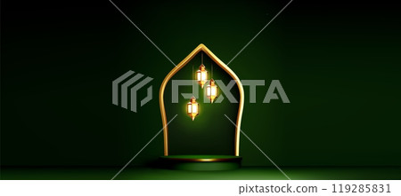 Dark green Ramadan banner template with podium Dark green Ramadan banner template with podium 119285831
