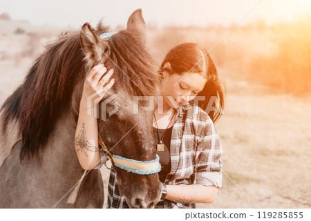 Horse Girl Petting Animal Field - Woman petting a horse in a field with a sunset in the background. 119285855