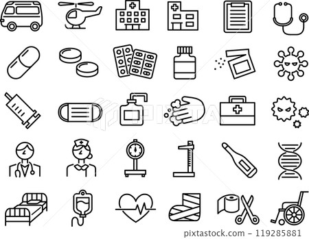 Illustration set of medical icons such as hospitals and medicines (line drawings) 119285881