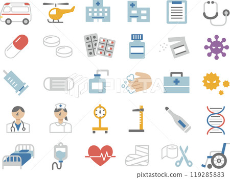 Illustration set of medical icons such as hospitals and medicines (color) 119285883