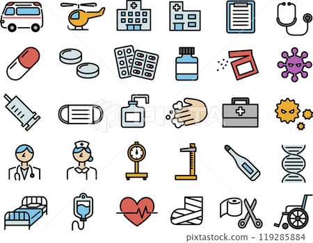 Illustration set of medical icons such as hospitals and medicines (color line drawings) 119285884