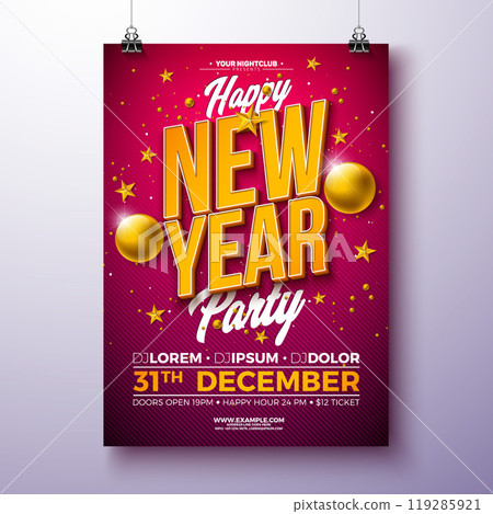 Happy New Year 2025 Party Celebration Poster Template Illustration with 3d Typography Lettering and Christmas Ball on Red Background. Vector New Year Eve Holiday Flyer Design. Premium Invitation or 119285921