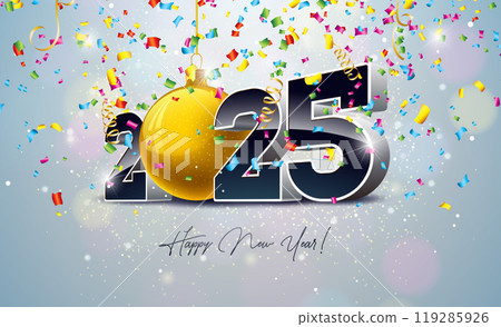 2025 Happy New Year Illustration with 3d Number, Gold Christmas Ball and Light Garland on Falling Confetti Background. Holiday Design with Typography Lettering for Flyer, Greeting Card, Banner 2025 Happy New Year Illustration with 3d Number, Gold Christmas Ball and Light Garland on Falling Confetti Background. Holiday Design with Typography Lettering for Flyer, Greeting Card, Banner 119285926