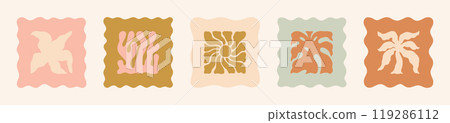 Boho Tropical Icons Set. Groovy Geometric Palm, Sun, Leaf, Coral and Flower. Vector Abstract Square Summer Beach Illustration in Freehand Retro Style for Logo, Print, Pattern, Poster, Web Design Boho Tropical Icons Set. Groovy Geometric Palm, Sun, Leaf, Coral and Flower. Vector Abstract Square Summer Beach Illustration in Freehand Retro Style for Logo, Print, Pattern, Poster, Web Design 119286112
